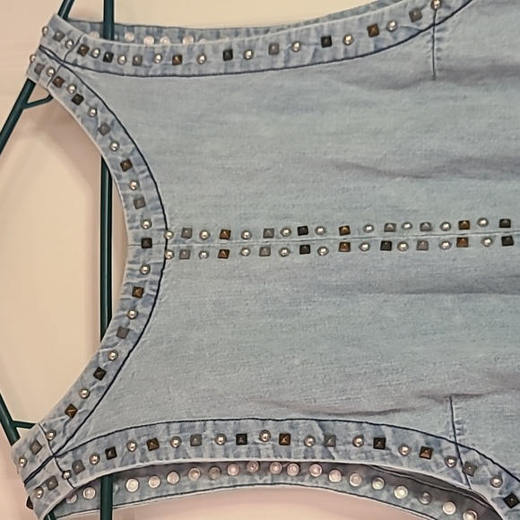 Free People Studded Chambray Tunic Tank Top With Pockets Boho Open Back - Picture 3 of 13